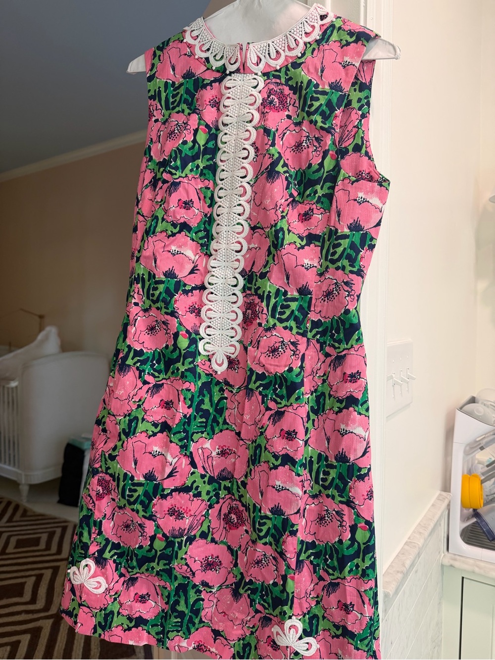Lilly Pulitzer Pink & Green Floral Sleeveless Shift Dress with White Lace Trim